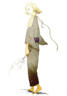 a drawing of a person with long blonde hair and an animal tail in his hand