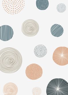 an assortment of different colored circles on a white background with lines and dots in the middle