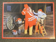 a painting of santa claus on a horse and another man with a bucket next to it