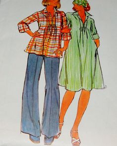 two women's tops and pants are shown in this sewing pattern, with one woman standing next to the other