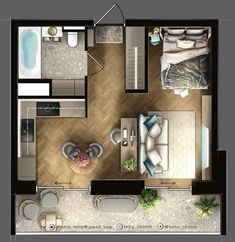 an overhead view of a living room and bedroom in a small apartment with wood flooring