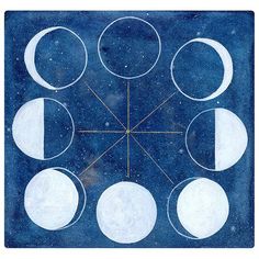 the phases of the moon are shown in blue and white, as well as gold