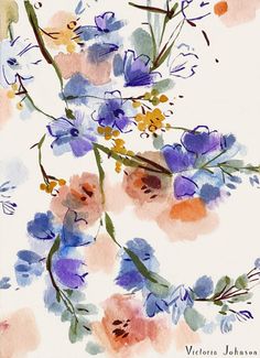 watercolor painting of blue and orange flowers