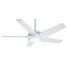 a white ceiling fan with three blades on it's sides and one light on the side