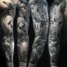 several different tattoos on the arms and legs, all in black and white with an image of