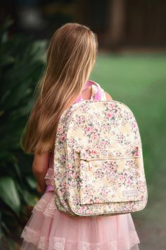 This darling floral print backpack features a front pocket for all of her favorite keepsakes and essentials. Perfect for school, play, sleepovers and more! Includes adjustable straps for the perfect fit. Length 15", Width 12", Depth 4". Floral Print Backpack For School In Spring, Spring Floral Print Standard Backpack, Back To School Floral Print Backpack, Back To School Backpack With Floral Print, Dog Size Chart, Floral Backpack, School Play, Floral Ruffle, Shoe Size Chart