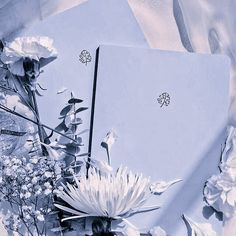 an open laptop computer sitting on top of a table next to flowers and leaves in front of it