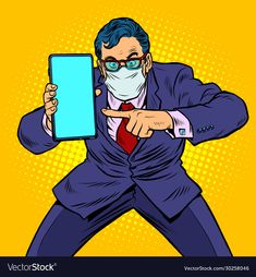 a man in a medical mask is holding a tablet and pointing at it with his finger