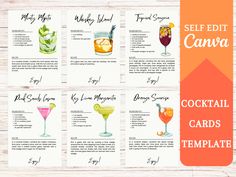 a set of six cards with different cocktails and drinks on them, each one has an orange border