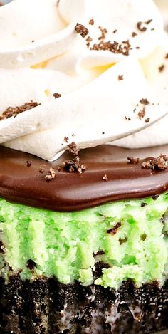 an ice cream cake with chocolate and green icing on it's crusts