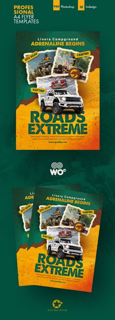 an advertisement for road extreme is shown in green and yellow colors, with the words road extreme on it