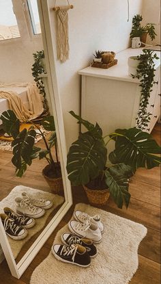 two pairs of shoes are sitting on the floor in front of a mirror and potted plant