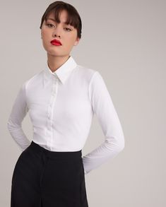 Long sleeve knit jersey T-shirt with shirt collar, swallow cuffs and poplin buttoned placket, cufflinks. White Long Sleeves, White Shirt Blouse, Timeless Dress, Tailored Dress, Elegant Blouses, Spring Summer Dress, Poplin Shirt, Jersey Shirt, White Shirts