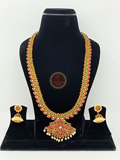 Original Design by Classical Dance Jewelry® -- Colorful And Designer Beautiful Necklace Set For Women for Parties, Engagement, Weddings, Birthdays, Bharatnatyam And Kuchipudi Dance Performances. -- Handmade Indian Item. -- This Beautiful Necklace Set Is Handcrafted In Copper Alloy Of Very Fine Quality With Imitation Pearls Of Very Fine Quality. This Necklace Set Is Coated With Gold Polish Which Give Them A Unique Look . PLEASE NOTE ❥ ALL SALES ARE FINAL ✅ ❥ No Return/ No Exchange / No Cancellati Festive Multicolor Temple Necklace With Zari Work, Festive Multicolor Temple Necklace For Ceremonial Occasions, Gold Anarkali Set For Festivals And Traditional Ceremonies, Festive Multicolor Ceremonial Temple Necklace, Gold Anarkali Set For Traditional Festivals, Multicolor Temple Necklace For Puja Festivals, Temple Jewelry Saree Set For Wedding, Green Temple Necklace For Puja And Diwali, Multicolor Temple Jewelry Sets For Puja