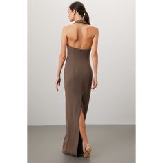 Brown crepe (100% Polyester). Column. Sleeveless. Halter neck. Back zipper closure. See size and fit notes for length measurements. Imported. Formal Fitted Halter Neck Maxi Dress, Elegant Sleeveless Gown With Back Zipper, Formal Fitted Maxi Dress With Back Zipper, Elegant Sleeveless Evening Dress With Back Zipper, Chic Fitted Gown With Halter Neck, Fitted Sleeveless Gown For Formal Events, Chic Fitted Halter Neck Gown, Sleeveless Gown With Back Opening For Formal Occasion, Formal Sleeveless Gown With Back Opening