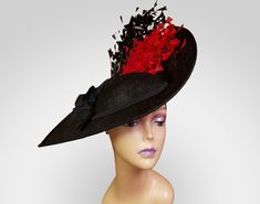 Red and Black Feather Accents and Silk Flower Accent Black Fitted Chic Fascinator, Fitted Black Chic Fascinator, Chic Black Fitted Fascinator, Elegant Fall Party Fascinator, Mini Hats, Sinamay Fascinator, Wedding Fascinators, Greensboro Nc, Black Feathers