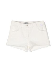 milk white cotton denim frayed edge belt loops logo tag to the front two rounded pockets to the sides thigh-length concealed fly and button fastening Wonyoung Closet, White Shorts Women, Preppy Shorts, Girls Denim Shorts, Dress With Jean Jacket, Clueless Outfits, White Jean Shorts, Dolce And Gabbana Kids, White Denim Shorts