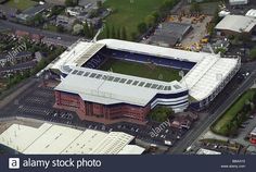 an aerial view of the stadium and surrounding buildings, taken from above looking down on the pitch