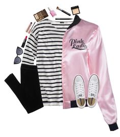 a pink jacket, striped shirt and black leggings with white sneakers on top