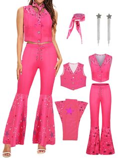 a woman wearing pink clothing with stars on the chest and bell bottoms, standing in front of