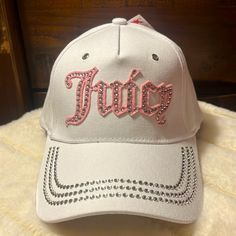 Super Cute Juicy Couture Hat Either Rhinestones White And Pink Letters White Hats With Rhinestones And Curved Brim, White Rhinestone Hat With Curved Brim, White Adjustable Hat With Rhinestones, White Adjustable Rhinestone Hats, Y2k Hats, Island Clothes, Bedazzled Stuff, Trashy Y2k Aesthetic, Vegas Aesthetic