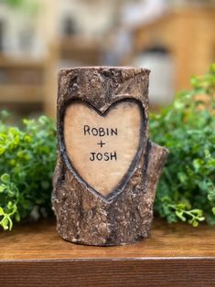 a rock with the words robin and josh carved into it next to some plants