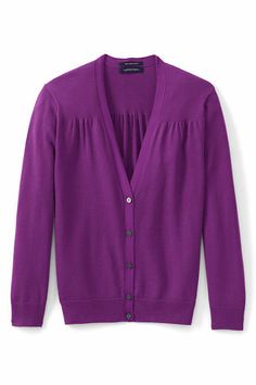 Lands End Women's Supima Dress Cardigan Sweater Cabbage Purple New.  So Sweet. So light. So soft.  Light and lovely, designed to be the perfect companion for all your dresses, knit using fine-gauge Supima® cotton, America's best. Cardigan is delightfully detailed too with pretty shirring at front shoulders and center back, button front, 1x1 rib-knit cuffs and bottom.  100% Supima cotton.   Features Superior Supima cotton Lightweight fine-gauge knit Ideal worn with dresses Grosgrain trimmed neckl Elegant Cotton V-neck Cardigan, Elegant V-neck Cotton Cardigan, Elegant Fitted Cotton Cardigan, Elegant Sweater For Daywear, Elegant Purple Sweater For Spring, Elegant Spring Purple Sweater, Elegant Cotton Sweater For Layering, Elegant Purple Sweater For Fall, Elegant Purple Fall Cardigan