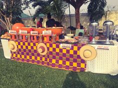 a table set up for an outdoor party with plates and cups on it, in the grass