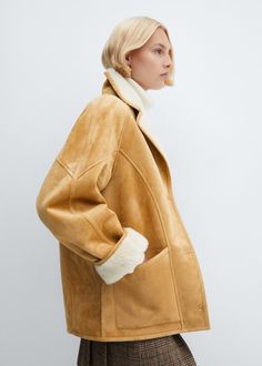 Shearling-lined coat with buttons - Women | Mango USA Mango Shearling Coat, Winter Coat 2024, Swedish Style Fashion, Cute Coats For Women, Shearling Jacket Outfit, Girls Winter Outfits, Oversized Wool Coat, Shopping Wishlist, Yellow Coat