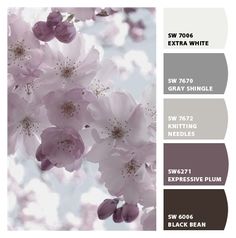 the color scheme is shown in shades of gray, brown and white with pink flowers