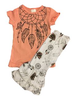 Our baby girls' coral dream catcher capri outfit is absolutely stunning! The top is cap sleeve with a dreamcatcher on the front. The ruffled capri pants have arrows, dreamcatchers, and feathers. Indian print has proven to be a hot seller this summer! Little girls seem to fall in love with this outfit! It's perfect for back to school and every day wear. Get your size while selections are still good! Capri Outfits, Boutique Outfits, Arrow Feather, Toddler Girl Clothes, Feather Dream Catcher, Baby Girl Outfit, Girls Boutique, Toddler Girl Outfits