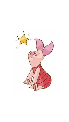 a cartoon pig sitting on the ground with a star in its hand and looking up at it