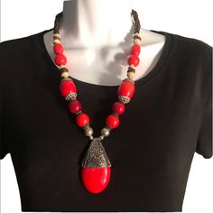 Handmade In India. Nice Deep Red Beads Red Coral Necklace With Large Beads, Red Wooden Beaded Necklaces, Traditional Red Beaded Necklace With Wooden Beads, Large Red Beads For Jewelry Making, Red Large Beads Festival Jewelry, Red Large Beads Jewelry For Festival, Red Wooden Beaded Necklace, Red Beaded Chain Jewelry For Festival, Vintage Red Beaded Jewelry