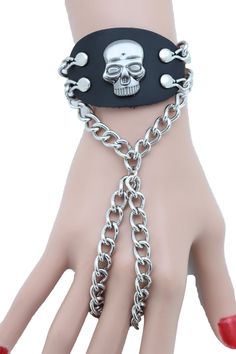 Biker Style Punk Rock Fashion Bracelet Style : Goth bold fashion / Slave bracelet style Condition : Brand New Color : Silver metal chain and charm + black faux leather fabric Size: One Size - Adjustable with extension chain Ring Size: One Size Fits All Adjustable Metal Punk Chain Bracelet, Adjustable Metal Chain Bracelet, Punk Style, Edgy Metal Skull Bracelets, Edgy Skull Metal Bracelets, Edgy Skull-shaped Metal Bracelets, Black Metal Punk Bracelets, Black Gothic Leather Bracelet With Skull Shape, Silver Metal Leather Bracelet For Concerts, Black Metal Jewelry For Biker Events