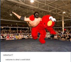 a man is in the middle of a wrestling match with an angry bird on his back