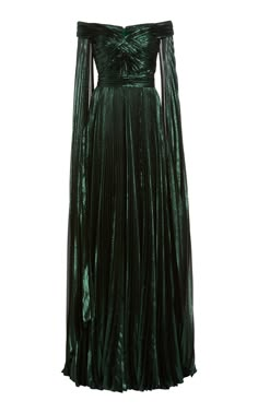 For Zuhair Murad's Pre-Fall 2020 collection, the designer found inspiration in the Art Deco movement of the 1920s -- the lattice work at the bodice of this gown is evidence of its influence. It's been impeccably tailored in Italy from an emerald green metallic silk-blend plissé into a beautiful off-the-shoulder silhouette complete with dramatic cape sleeves that sweep the floor. Add some sculptural jewelry to top off the look. Rich Wardrobe, Fairy Ideas, Fancy Clothes, Bellatrix Lestrange, Princess Dresses, Zuhair Murad, Fashion Baby