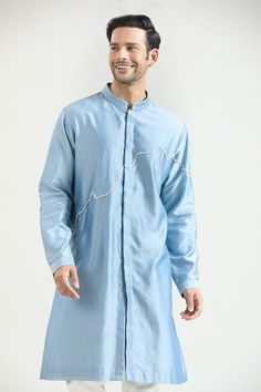 Powder blue chanderi kurta with placed abstract pattern embroidery. Comes with contrasting pyjama. - Aza Fashions Kurta Set Men, Men Kurta, Pattern Embroidery, Kurta Set, Blue Abstract, Powder Blue, Aza Fashion, Abstract Pattern, Hand Embroidered