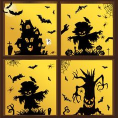 four halloween window stickers with black silhouettes on yellow and orange background, including a scary house