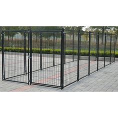 several black dog kennels sitting on top of a brick floor next to trees