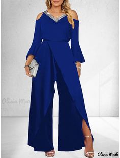 Olivia Mark - Elegant Wide-Leg Jumpsuit with Basic Solid Color, Split Neckline and Sparkling Sequins Blue Solid Color Jumpsuit For Party, Blue Jumpsuit Or Romper For Party, Blue Long Sleeve Jumpsuit For Formal Occasions, Business Elegant, Jumpsuit Elegant, Brown Outfit, Jumpsuit Party, Jumpsuits And Romper, Jumpsuit With Sleeves