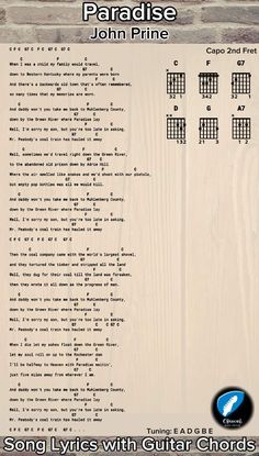 the guitar chords page for paradise john prine's song lines with guitar chords