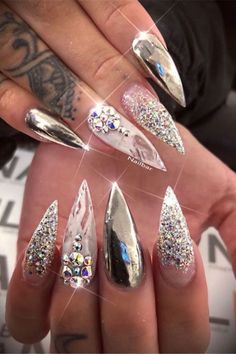 Stiletto Nail Art Designs, Stiletto Nail Designs, Nail Designs Bling, 2019 Nails, Nails Stiletto, Beaded Applique