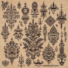 an intricately designed pattern is shown on a piece of brown paper with black ink