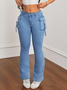 Mid-Rise Flare Cargo Jeans With Pockets, Washed Denim Medium Wash Casual   Denim Plain Flare Leg High Stretch  Women Clothing, size features are:Bust: ,Length: ,Sleeve Length: Corset Fashion Outfits, Forever 21 Outfits, Jeans With Pockets, Fasion Outfits, Shein Icon, Jean Bleu, Cute Pants, Jeans Cargo, Cute Jeans