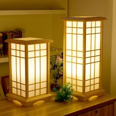 two lamps sitting on top of a wooden table next to a plant in a vase