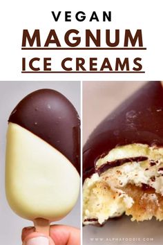 an ice cream filled with chocolate and white toppings is shown in this collage