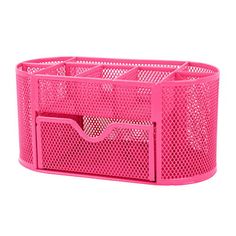 a pink plastic desk organizer with compartments