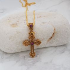 Gold Orthodox Byzantine cross, Ancient Greek cross, Cross talisman made of 925 silver, Gold plated greek pendant, Orthodox Greek Cross, Byzantine jewelry Ruby Emerald Sapphire, Size : 18mm width x 32mm long (measured from the top of the bale to the bottom) Material:High quality double gold 24k plated over sterling silver with ruby emerald sapphire zircons which are the basic colours of Byzantine jewelry Cross in photo has ruby , but you can ask me by note emerald or sapphire This gorgeous gold c Gold Medallion Necklace, Byzantine Jewelry, Game Of Thrones Dragons, Gold C, Gold Medallion, Dragon Necklace, Cross Jewelry, Basic Colors, Gold Coins