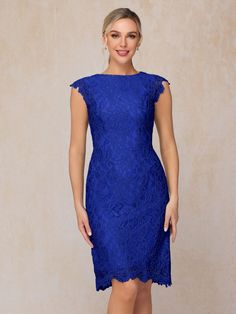 Royal_Blue Mother Of The Bride Looks, Lace Wedding Guest Dress, Knee Length Lace Dress, Lace Neckline, Cap Dress, Royal Blue Dresses, Sleeves Dress, Mother Of The Bride Dress, Bride Look