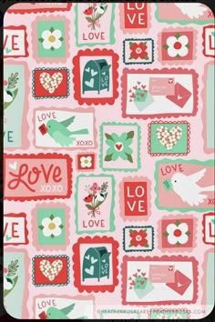 a pink and green wallpaper with hearts, love letters, birds and flowers on it